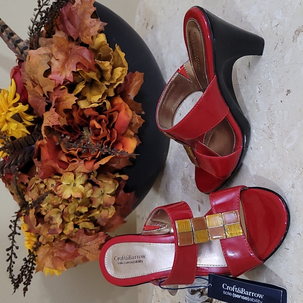 NEW High Heel Sandals Red Patent Open Toe Sole Sense Ability Pad Croft Barrow 6
